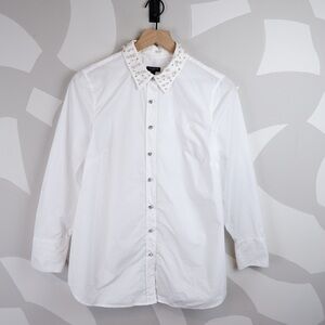 Talbots 100% Cotton embellished Pearl Removable Collar White Boyfriend Shirt | M